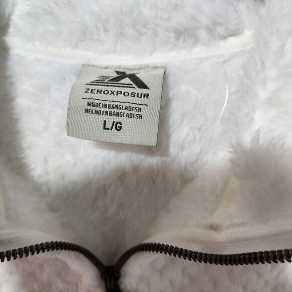 ZEROXPOSUR NEW Women's Fuzzy Cozy Pearl White Zipper Faux Fur Teddy Jacket Large - Picture 2 of 10
